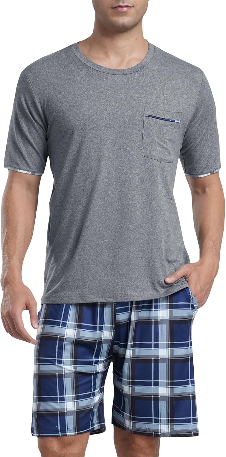 MoFiz Mens Pajamas Set Summer Pjs Sleepwear Short Sleeve Shirt and Shorts Lightweight Soft Loungewear with Pockets S-3XL