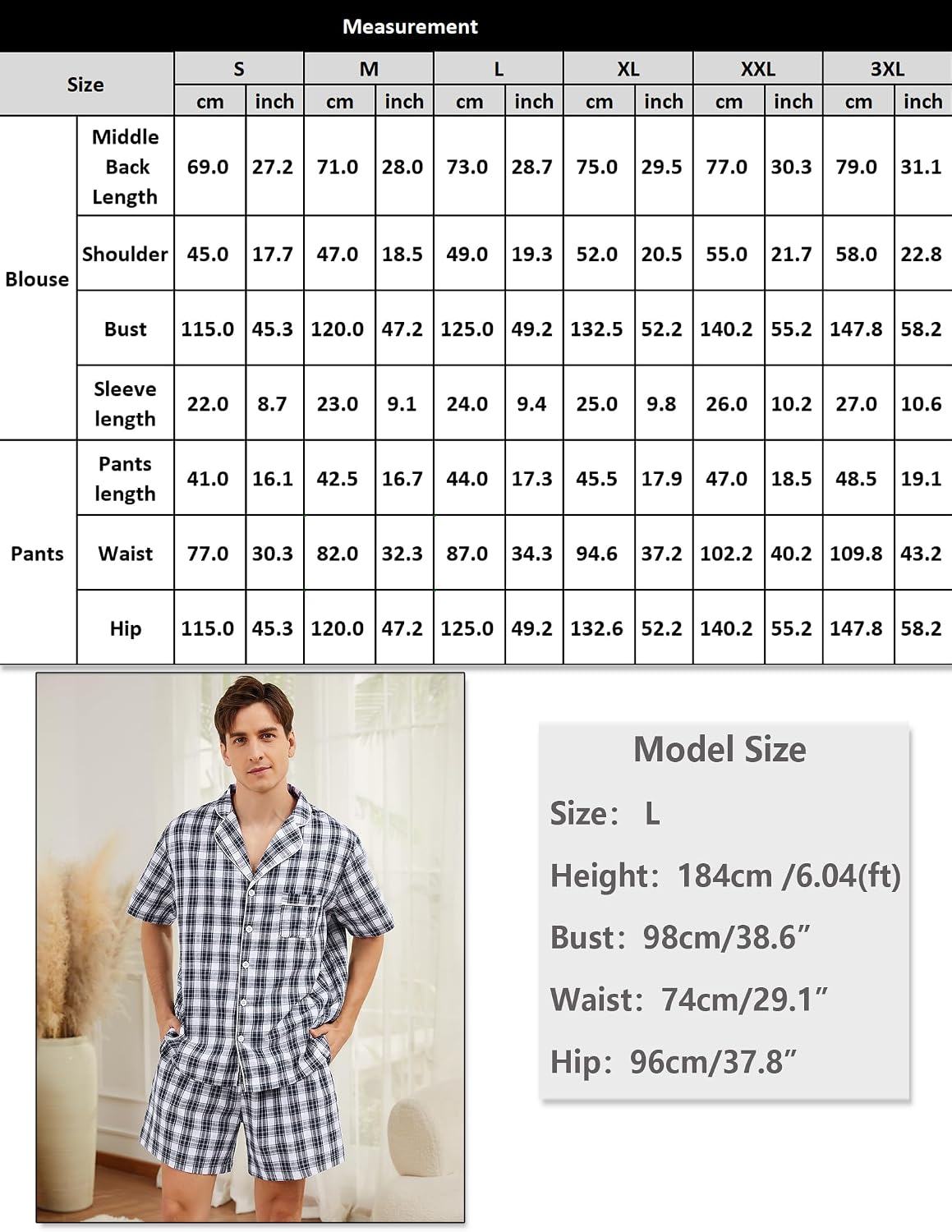 Marvmys Mens 100% Cotton Pajama Set Sleepwear Short Sleeve Pj Set Button Down Lounge Set Plaid Pajamas S-3XL