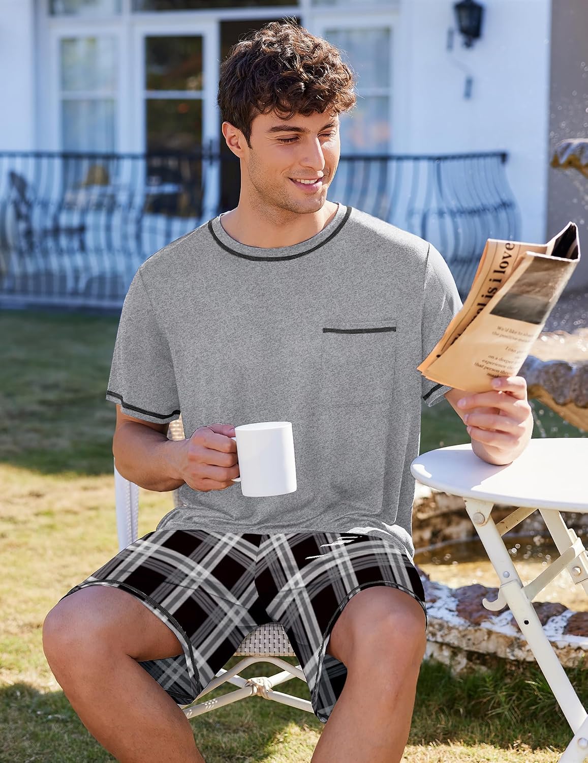 Ekouaer Men's Pajamas Set Casual Short Sleeve Shirts and Shorts Soft 2 Piece Loungewear With Pockets