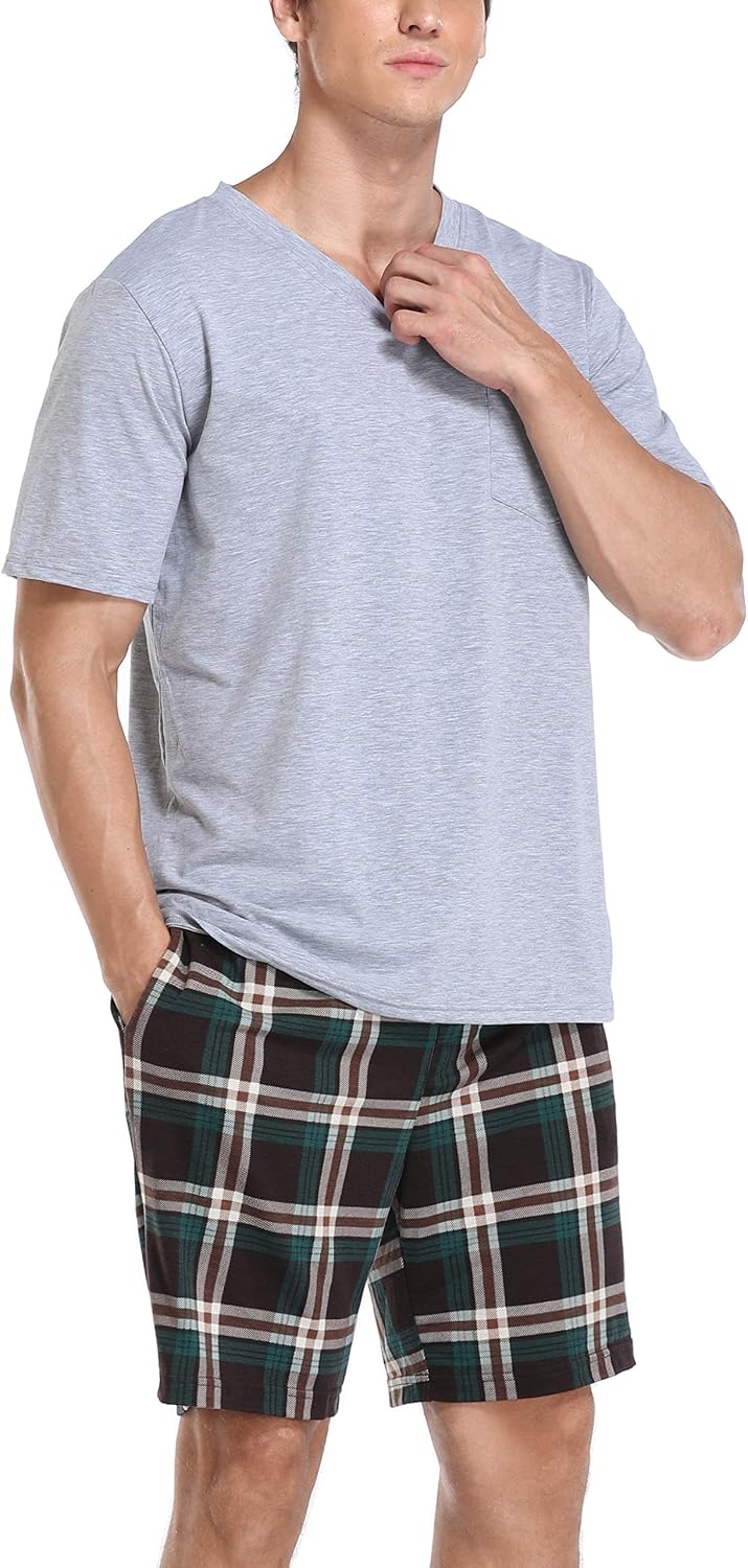Vlazom Men's Pajama Sets Soft 2 Piece Pj's Set Short Sleeve Cotton Top and Plaid Pants for Loungewear Sleepwear with Pockets