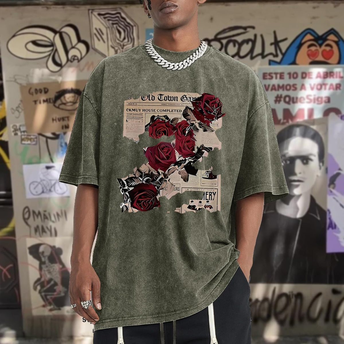 BeWithYou Mens Oversized Graphic T-Shirt Rose Floral Print Vintage Y2k Grunge Shirts Goth Shirt Gothic Tshirt Acid Wash Tops