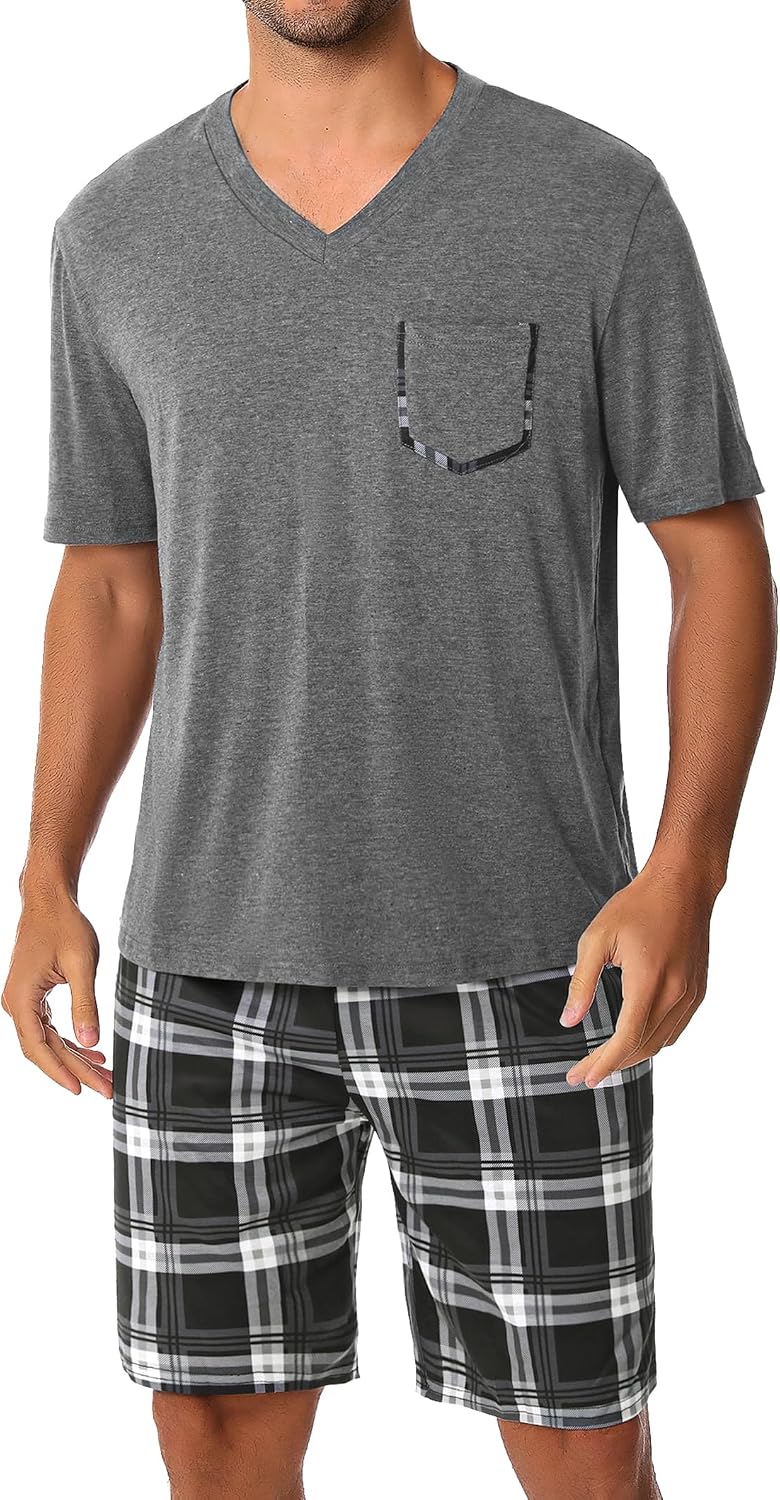 Sykooria Mens Cotton Pajamas Set 2 Piece Soft Sleepwear Short Sleeve Top & Plaid Shorts With Pockets