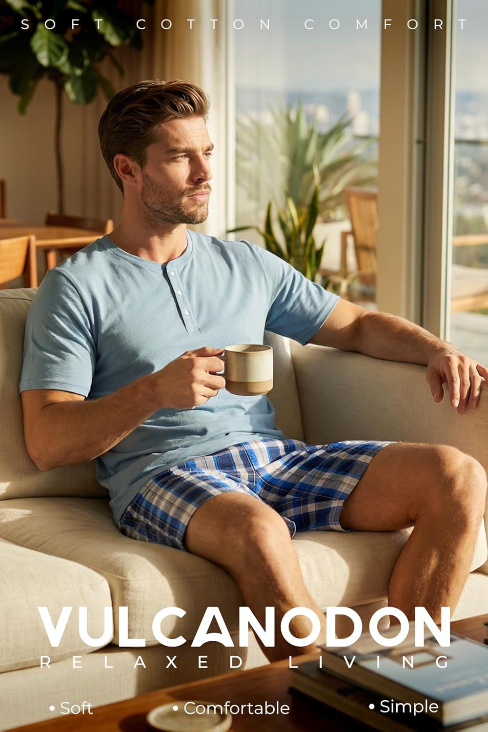 Vulcanodon Mens Pajama Set 100% Cotton Short Sleeve Sleepwear Soft Breathable Lounge Set Button Top with Pockets Cozy Pjs