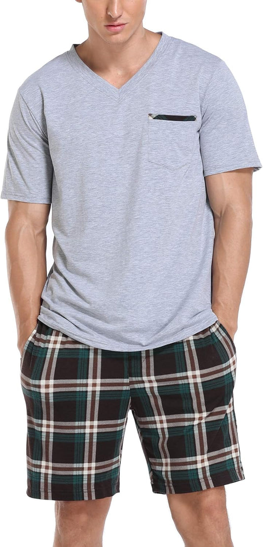 Vlazom Men's Pajama Sets Soft 2 Piece Pj's Set Short Sleeve Cotton Top and Plaid Pants for Loungewear Sleepwear with Pockets
