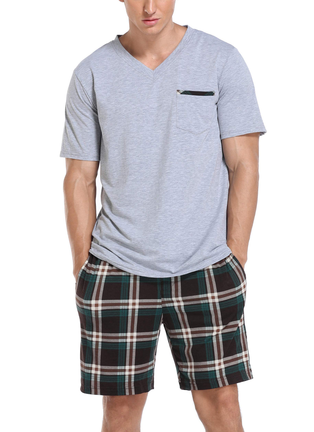 Vlazom Men's Pajama Sets Soft 2 Piece Pj's Set Short Sleeve Cotton Top and Plaid Pants for Loungewear Sleepwear with Pockets