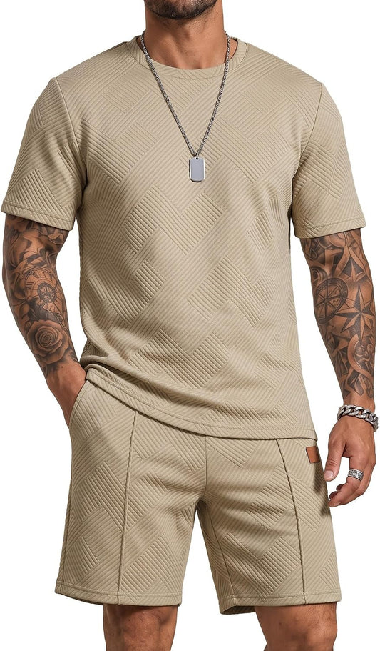 JMIERR Men's 2 Piece Outfit Anti-wrinkle T Shirts and Shorts Summer Beach Vacation Lounge Workout Pajamas Short Sleeve Sets