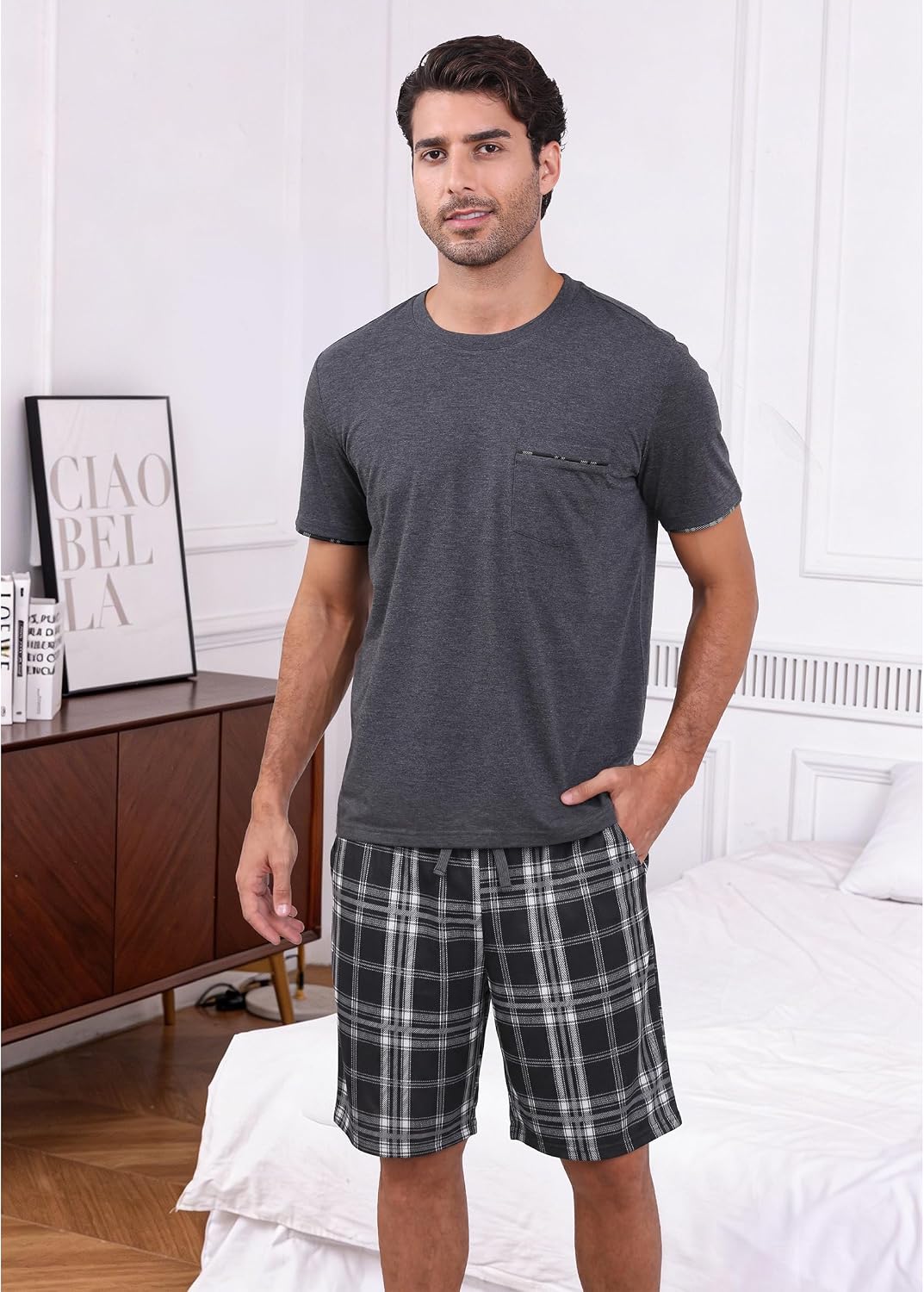 RQP Men's Pajama Sets Soft 2 Piece Pj's Set Short Sleeve Cotton Top and Plaid Pants for Loungewear Sleepwear with Pockets