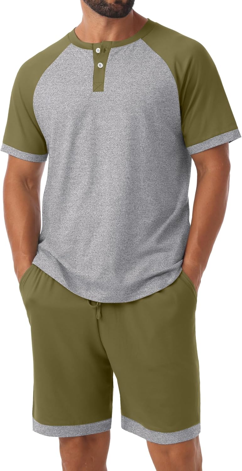 Men's Henley Pajama Sets 2 Piece Lounge Sleepwear Soft Sleep Summer Pjs