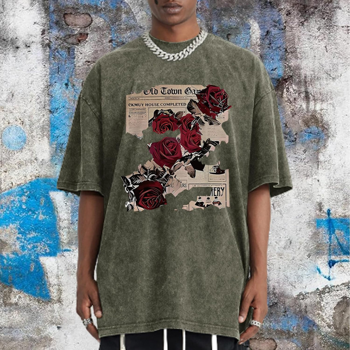 BeWithYou Mens Oversized Graphic T-Shirt Rose Floral Print Vintage Y2k Grunge Shirts Goth Shirt Gothic Tshirt Acid Wash Tops