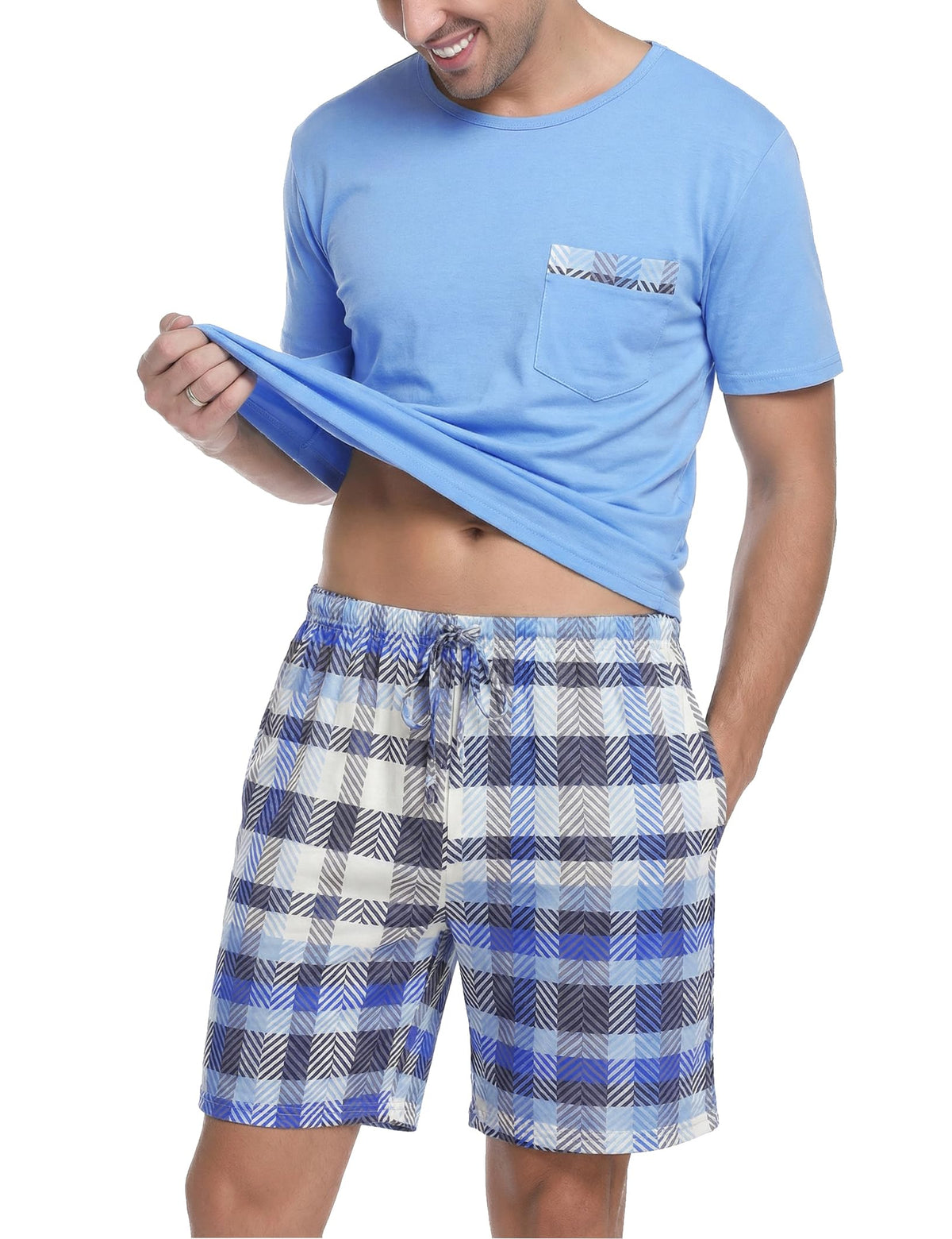Sykooria Mens Pajamas Set Cotton Pajamas Shorts Set Short Sleeve Pjs Sets Soft Sleepwear S-XXL