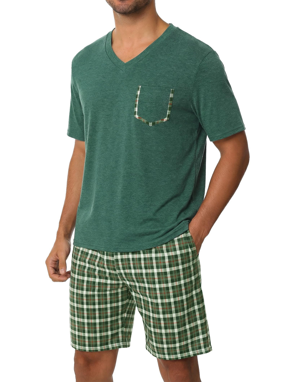 Sykooria Mens Cotton Pajamas Set 2 Piece Soft Sleepwear Short Sleeve Top & Plaid Shorts With Pockets
