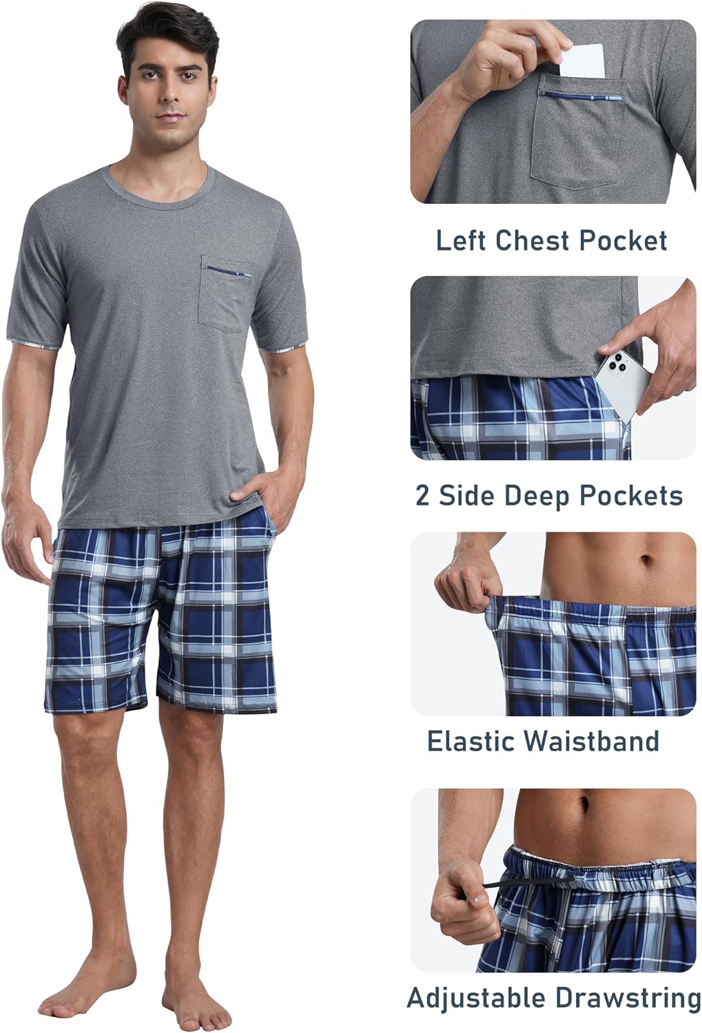 MoFiz Mens Pajamas Set Summer Pjs Sleepwear Short Sleeve Shirt and Shorts Lightweight Soft Loungewear with Pockets S-3XL