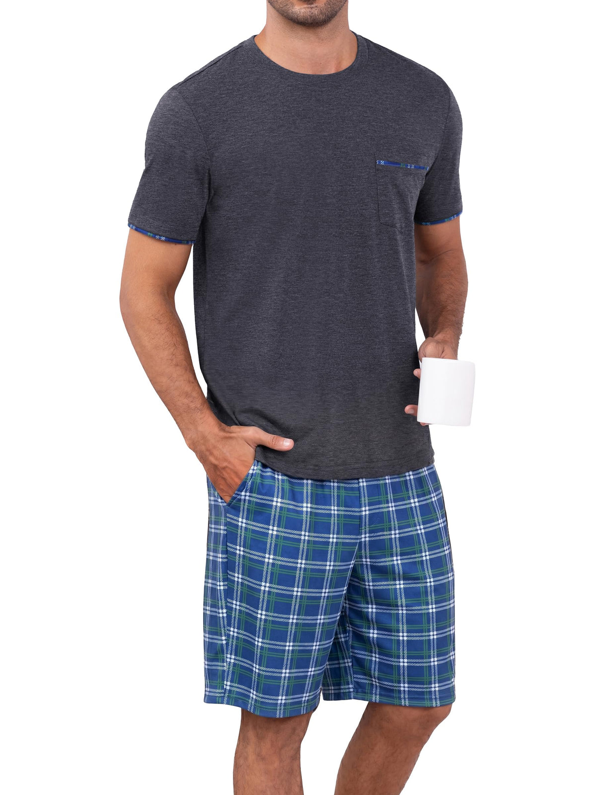 RQP Men's Pajama Sets Soft 2 Piece Pj's Set Short Sleeve Cotton Top and Plaid Pants for Loungewear Sleepwear with Pockets