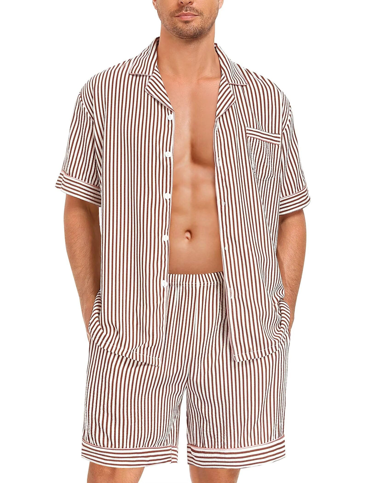 SWOMOG Men Pajama Set Short Sleeve Summer Pjs Button Down Sleepwear Soft Pajama Shorts 2 Piece Loungewear with Pockets