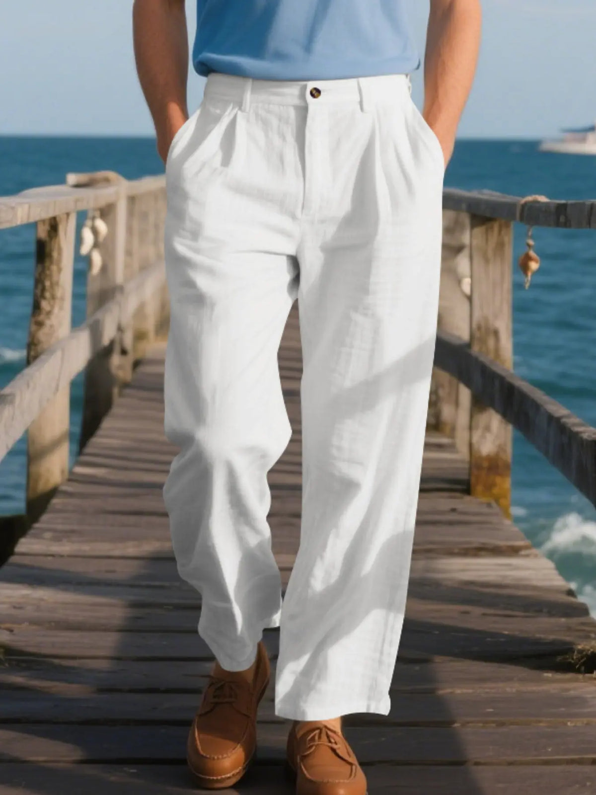 Men's Pleated Linen Breathable Straight Leg, Single Button Front, Loose Fit, Relaxed Fit, Beach Vacation, Business, Solid Color, Multicolor, Button Front Trousers