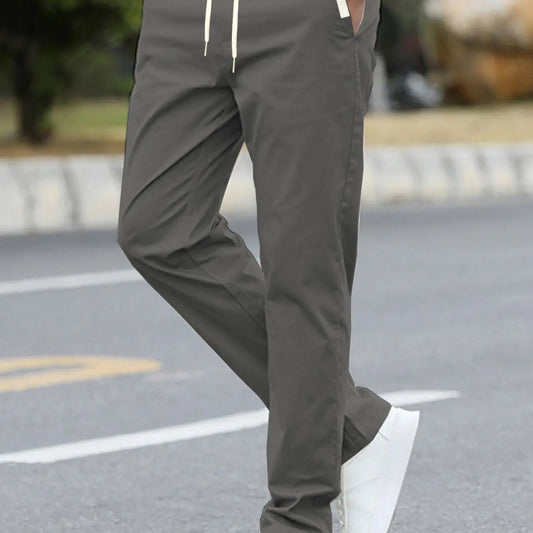 Men's Solid Color Drawstring Waist Pants with Side Pockets, Adjustable Waist Trousers, Casual Fitted Trousers for All Seasons, Comfortable Everyday Wear, Casual Elastic Waist, Casual Comfy Fit