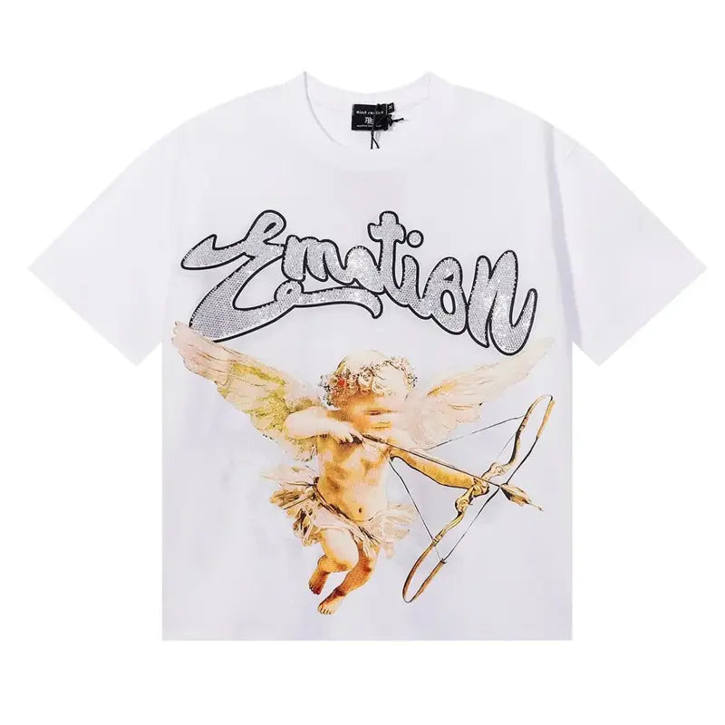 RMIXED EMOTION Rhinestone Graphic T-Shirt Men Women Oversized Cotton Tee Short Sleeve Crew Neck Streetwear Top Angel Print Gothic Y2K Hip Hop Casual Summer Shirt