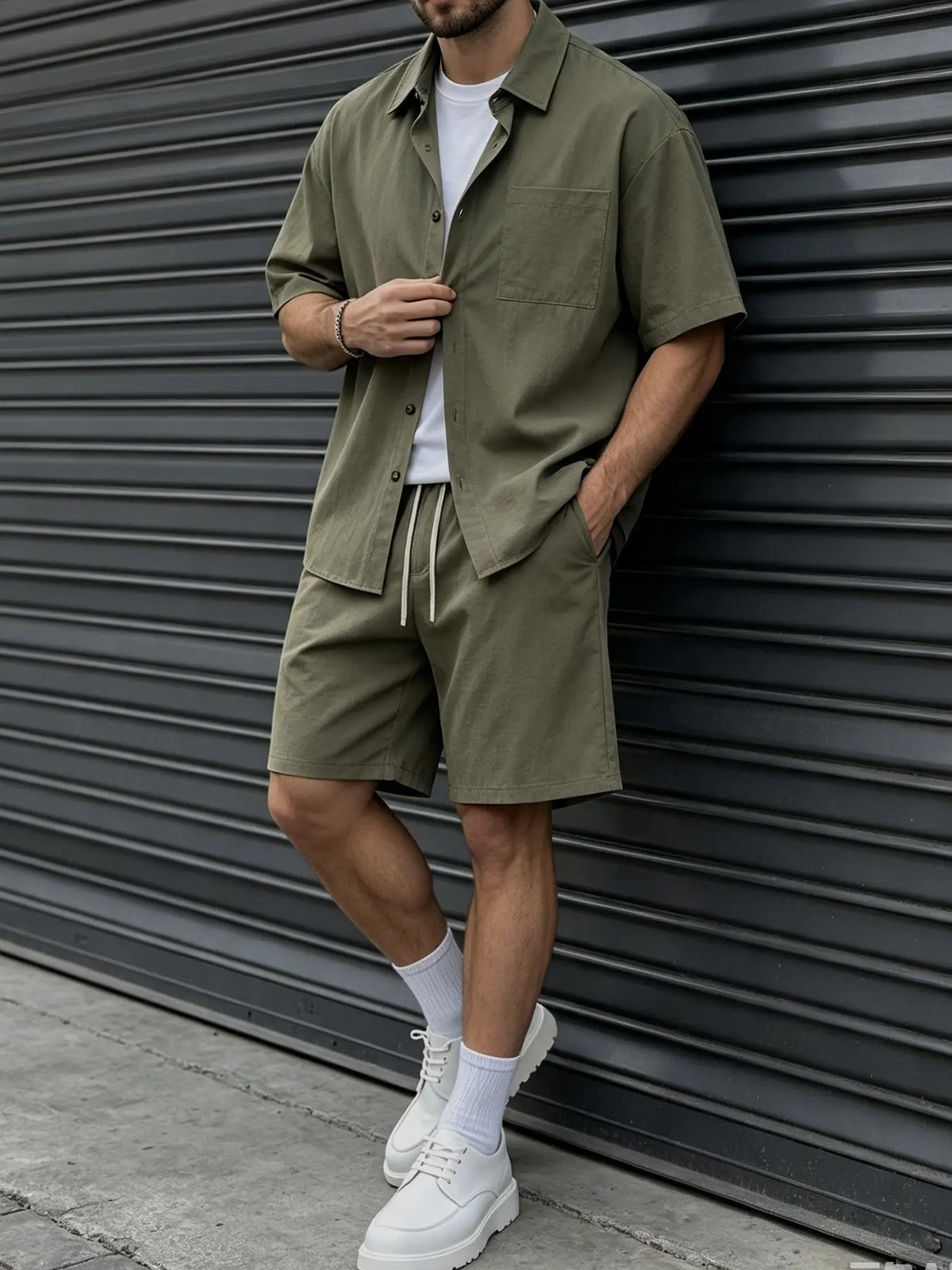 Men's Light Beige 2-Piece Casual Loungewear Set, Nightwear Outfit, Short-Sleeve Lapel Button-Down Shirt with Chest Pocket and Elastic Drawstring Waist Shorts, Breathable Lightweight Fabric, Minimalist Style, At-Home Lounging and Summer Getaways