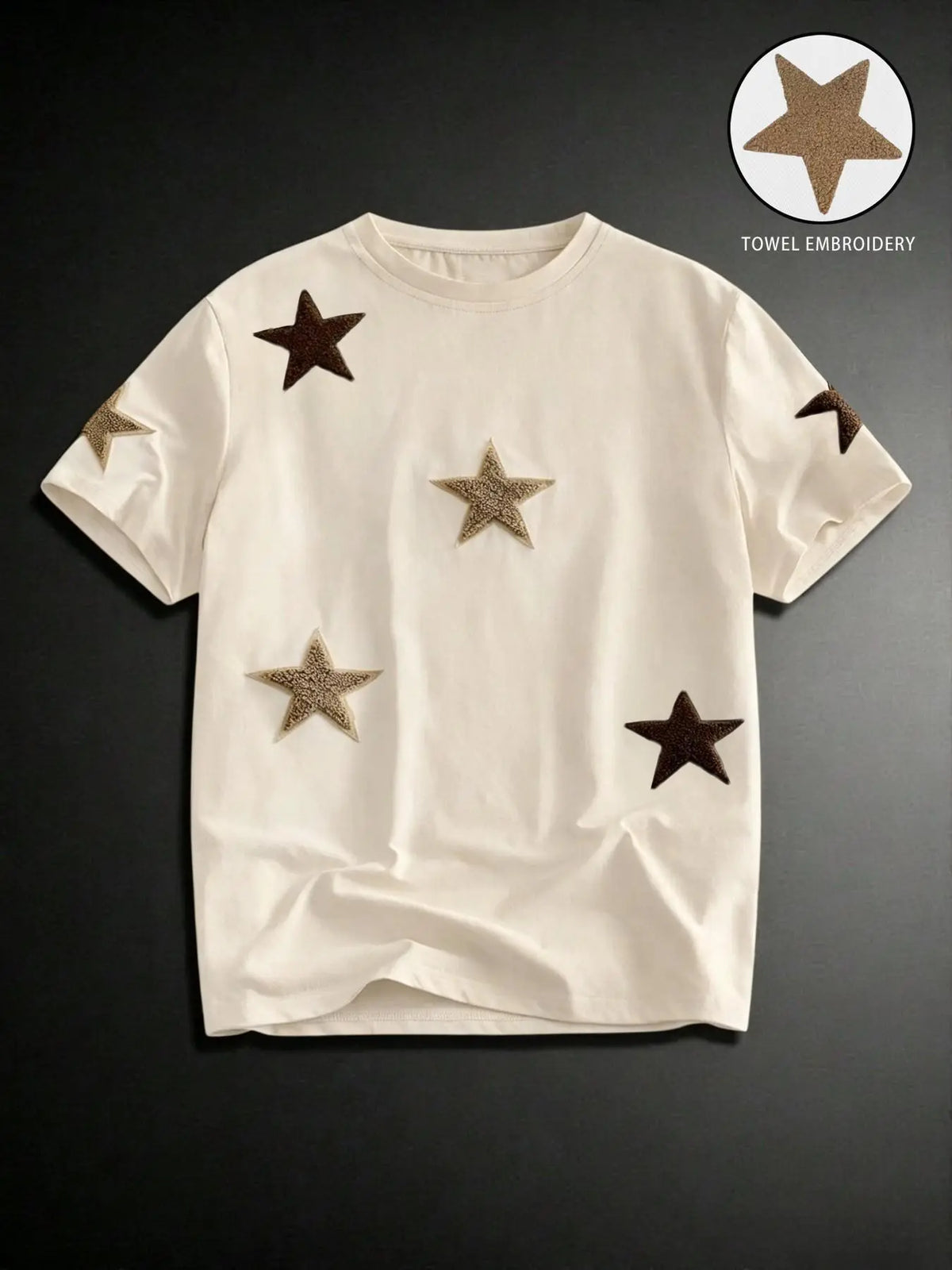 Men's Street Style Star Chenille Embroidery Patch Textured Short Sleeve T-Shirt, Casual Daily Wear, Anniversary Gift, Streetwear Menswear