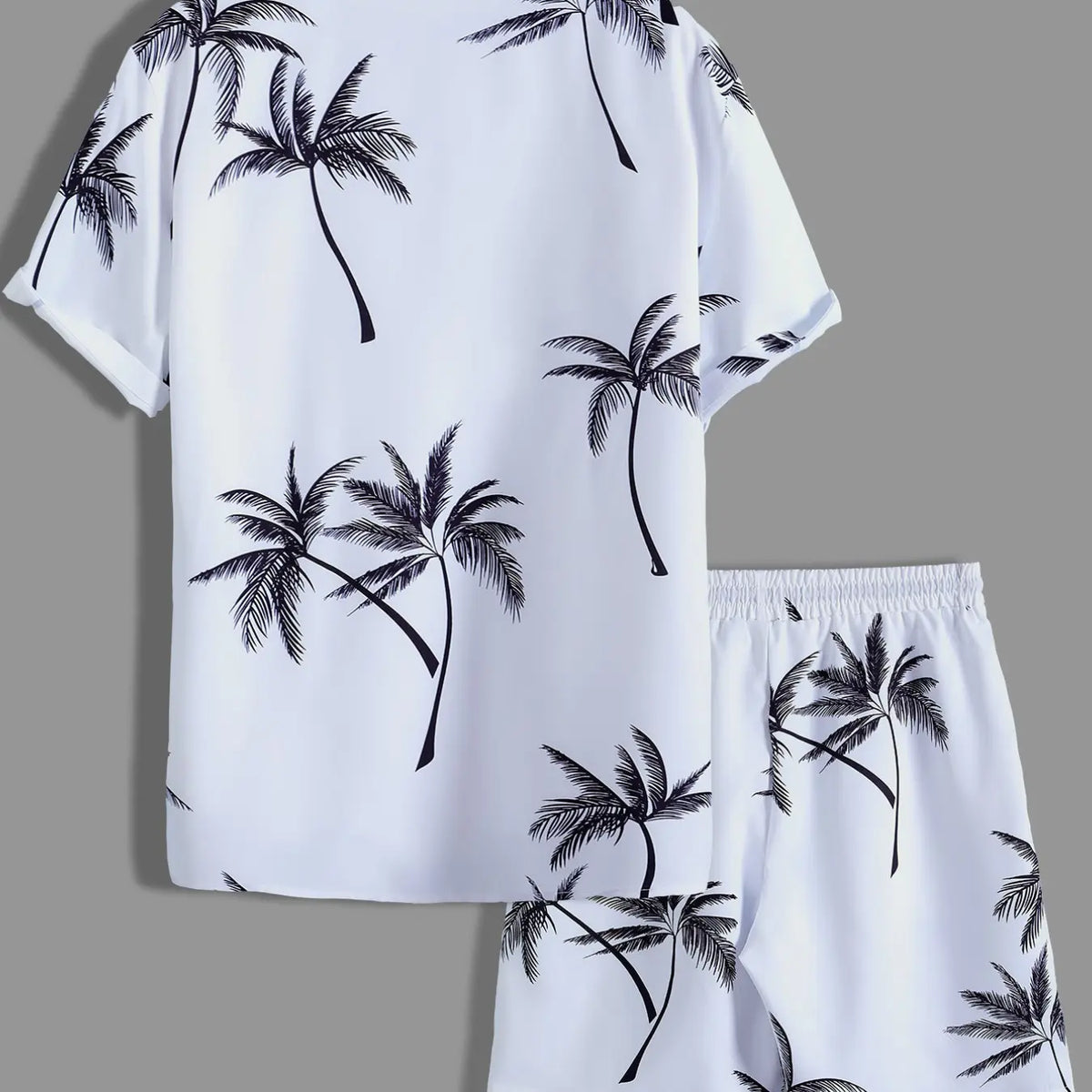 Men's White & Black Tropical Palm Tree Print Loungewear Set, Pajama Set, Pjs, Lounge Sets - Short-Sleeve Button-Up Shirt (Rolled Cuffs) + Drawstring Shorts, Ultra-Soft Smooth Fabric, Relaxed Oversized Fit, Perfect for At-Home Lounging, Pyjamas