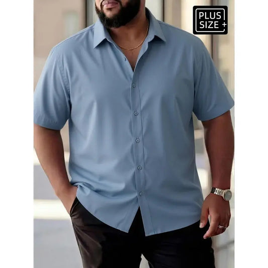 Men's Plus Size Classic Loose-Fitting Collared Neck Short Sleeve Button-Down Pajama Top - Menswear Loungewear for Comfortable Nightwear, Plain, XL