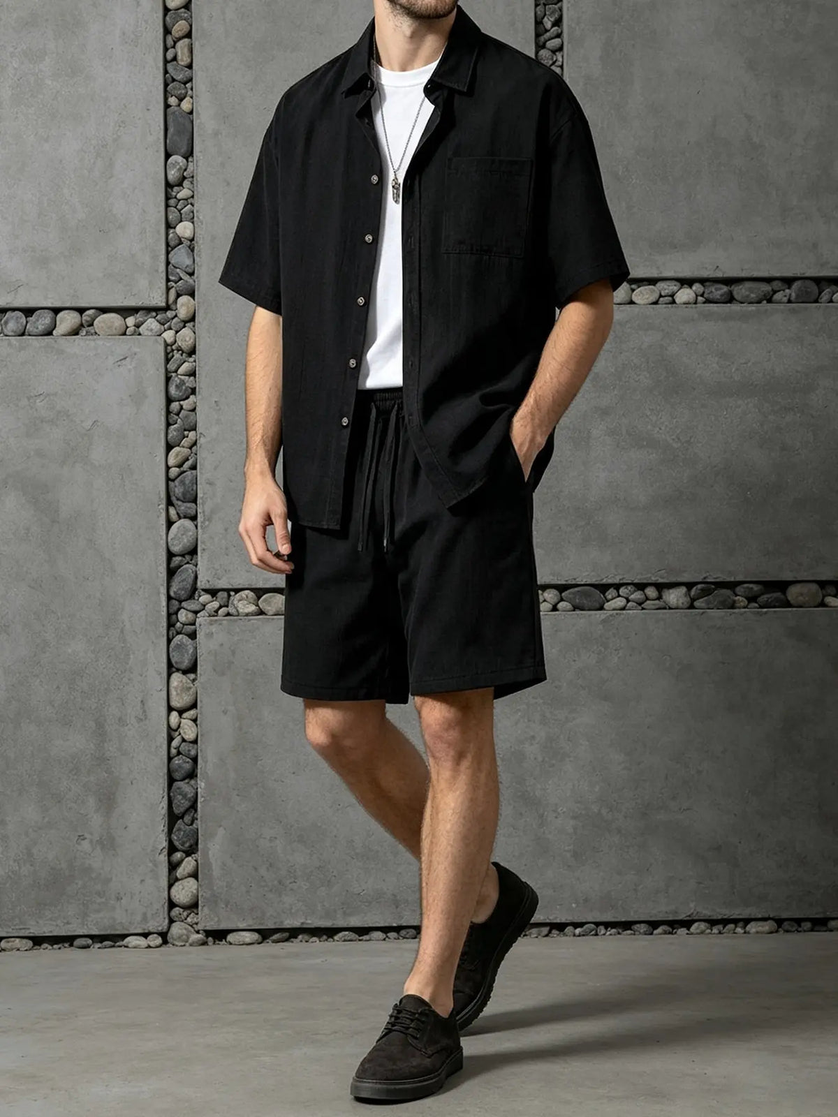 Men's Light Beige 2-Piece Casual Loungewear Set, Nightwear Outfit, Short-Sleeve Lapel Button-Down Shirt with Chest Pocket and Elastic Drawstring Waist Shorts, Breathable Lightweight Fabric, Minimalist Style, At-Home Lounging and Summer Getaways