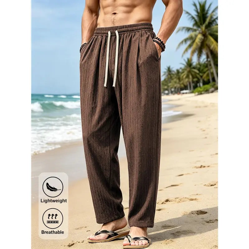 Menswear Straight Loose Casual Beachy Ankle Pants - Quick-Dry Polyester, Elastic Drawstring High Waist, Relaxed Fit, Lightweight Breathable Textured Look, Wrinkle-Free, Side Pockets for Summer Vacation, Travel, M