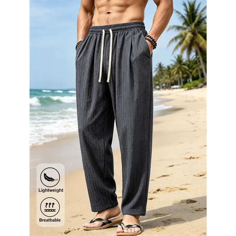 Menswear Straight Loose Casual Beachy Ankle Pants - Quick-Dry Polyester, Elastic Drawstring High Waist, Relaxed Fit, Lightweight Breathable Textured Look, Wrinkle-Free, Side Pockets for Summer Vacation, Travel, M