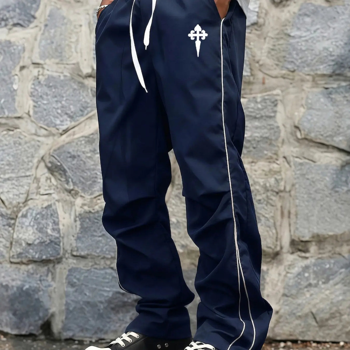 Men's Y2K Color Block Wide Leg Pants, Elastic Drawstring Waist, Loose Fit, Cross Graphic Print, Casual Streetwear Pants, Casual Fashion Bottoms