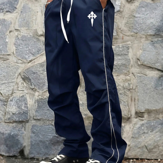 Men's Y2K Color Block Wide Leg Pants, Elastic Drawstring Waist, Loose Fit, Cross Graphic Print, Casual Streetwear Pants, Casual Fashion Bottoms