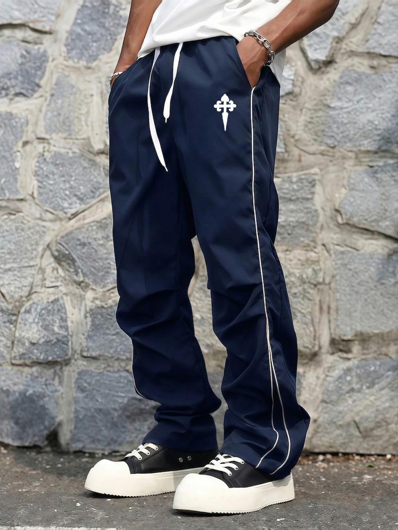 Men's Y2K Color Block Wide Leg Pants, Elastic Drawstring Waist, Loose Fit, Cross Graphic Print, Casual Streetwear Pants, Casual Fashion Bottoms