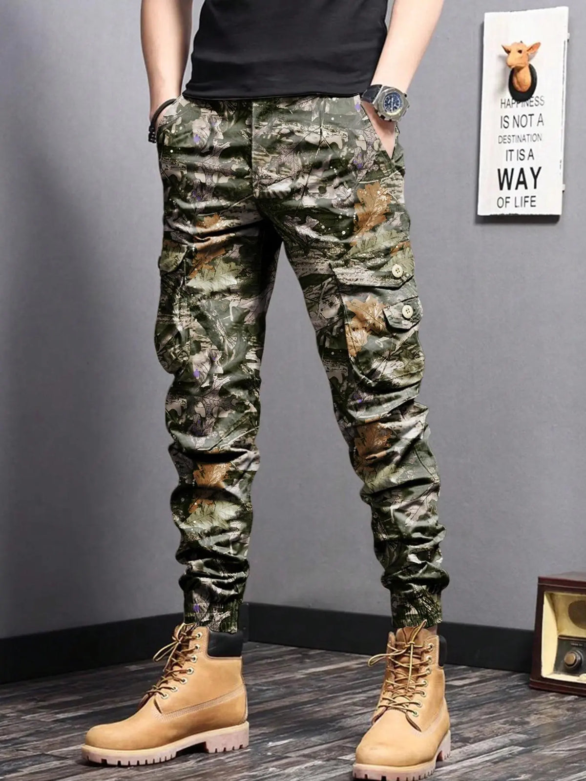 Men's Plain Button Pocket Cargo Pants, Regular Fit Street Fashion Casual Cargo Style Drawstring Waist Jogger Pants For Daily Wear, Woven Bottoms For All Seasons, Drawstring Trousers