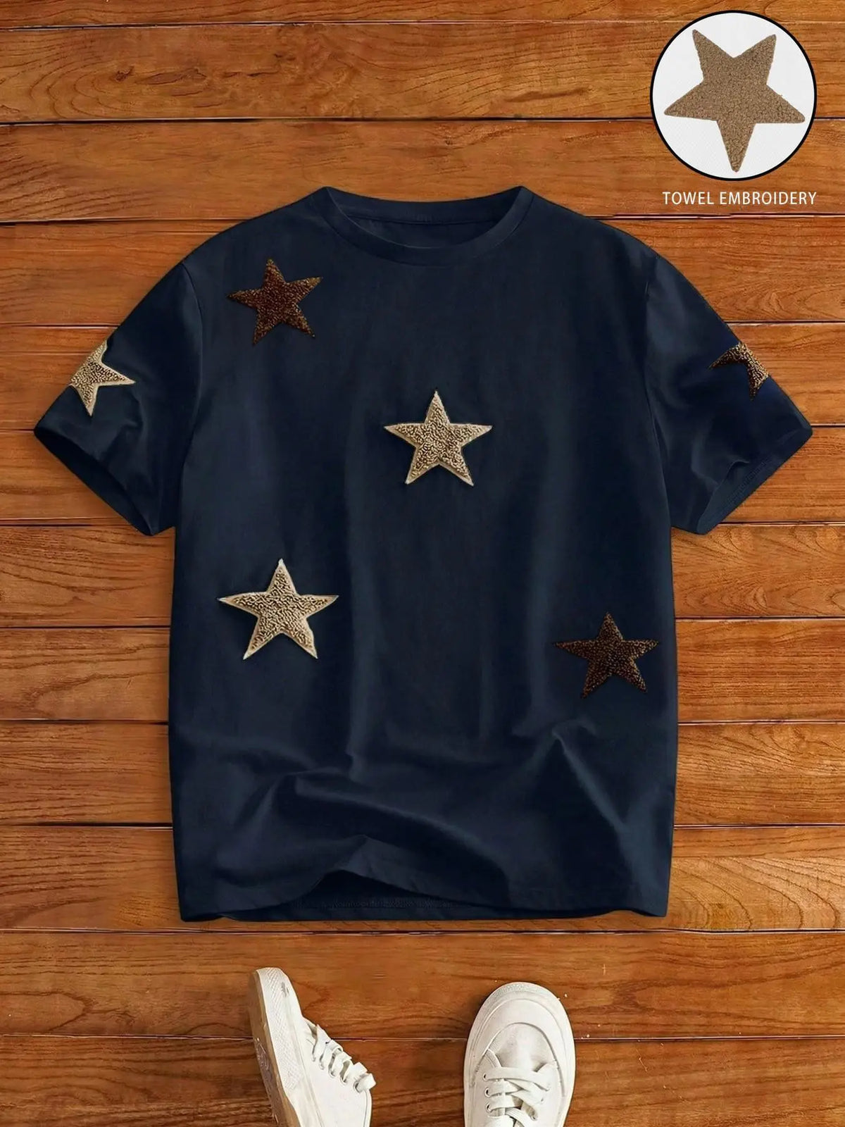 Men's Street Style Star Chenille Embroidery Patch Textured Short Sleeve T-Shirt, Casual Daily Wear, Anniversary Gift, Streetwear Menswear