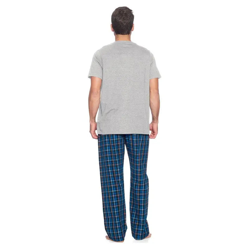 Ashford & Brooks Men's 2-Piece Plaid Detail Pajama Set - Elastic, Cotton Blend, Relaxed Fit, Shrink Resistant, Woven Pants with Side Pockets, Short-Sleeve Soft Cotton Jersey T-Shirt, Breathable Year-Round Sleepwear & Loungewear, Year-Round Wear