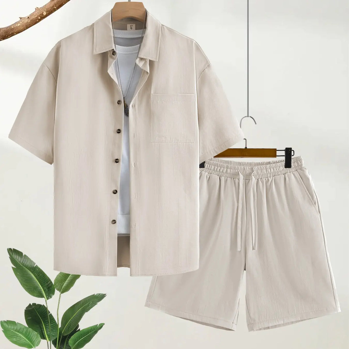 Men's Light Beige 2-Piece Casual Loungewear Set, Nightwear Outfit, Short-Sleeve Lapel Button-Down Shirt with Chest Pocket and Elastic Drawstring Waist Shorts, Breathable Lightweight Fabric, Minimalist Style, At-Home Lounging and Summer Getaways