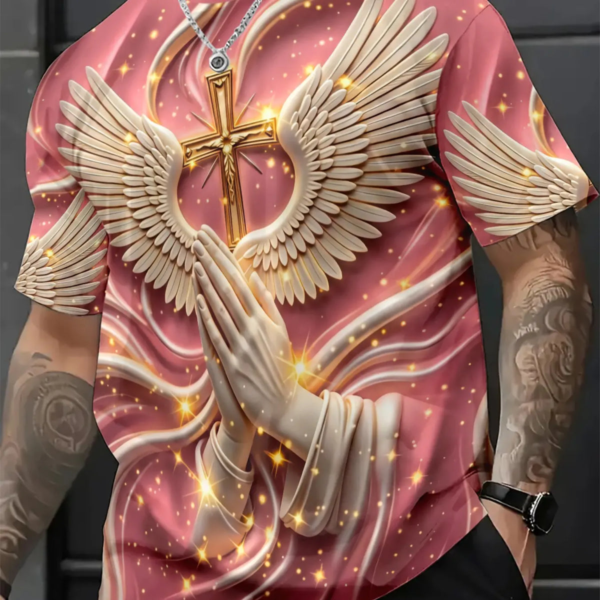 Men's Religious Prayer Angel Wings Cross 3D High Definition Graphic Print T-Shirt, Round Neck Short Sleeve Slim-Fit Summer Streetwear Stylish Tee