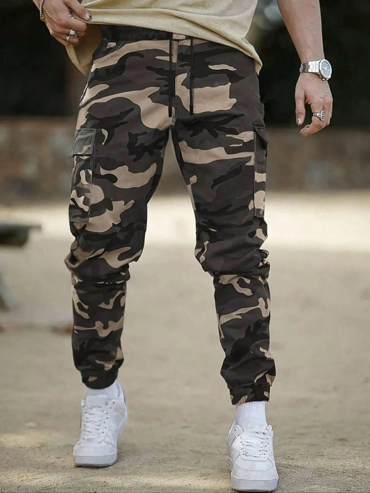 Men's Camouflage Cargo Pants, Casual Streetwear Trousers with Multiple Pockets, Adjustable Waist and Elastic Ankles, Casual Outdoor Wear, 100% Polyester, Eu Size, Casual Fitted Cut