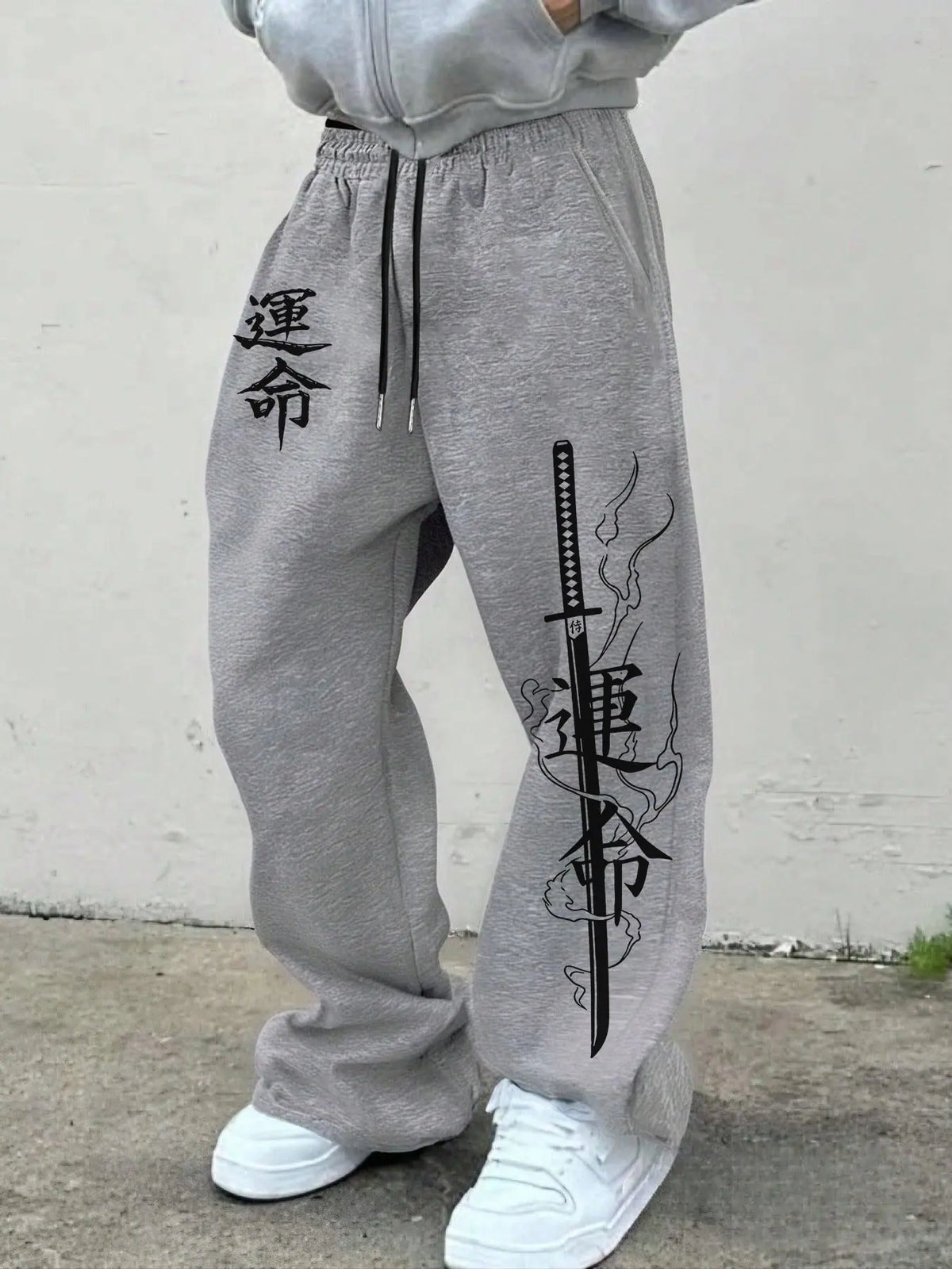 Men's Japanese Unmei Katana Print Wide Leg Sweatpants Bushido Samurai Kanji Baggy Drawstring Joggers Casual Loungewear Pants For Harajuku Street Casual Outfits White Elastic Waist Graphic Loose Fit Baggy Joggers Casual Fit Printed Casual Pants
