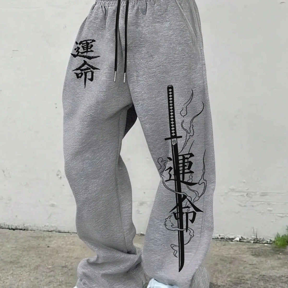 Men's Japanese Unmei Katana Print Wide Leg Sweatpants Bushido Samurai Kanji Baggy Drawstring Joggers Casual Loungewear Pants For Harajuku Street Casual Outfits White Elastic Waist Graphic Loose Fit Baggy Joggers Casual Fit Printed Casual Pants