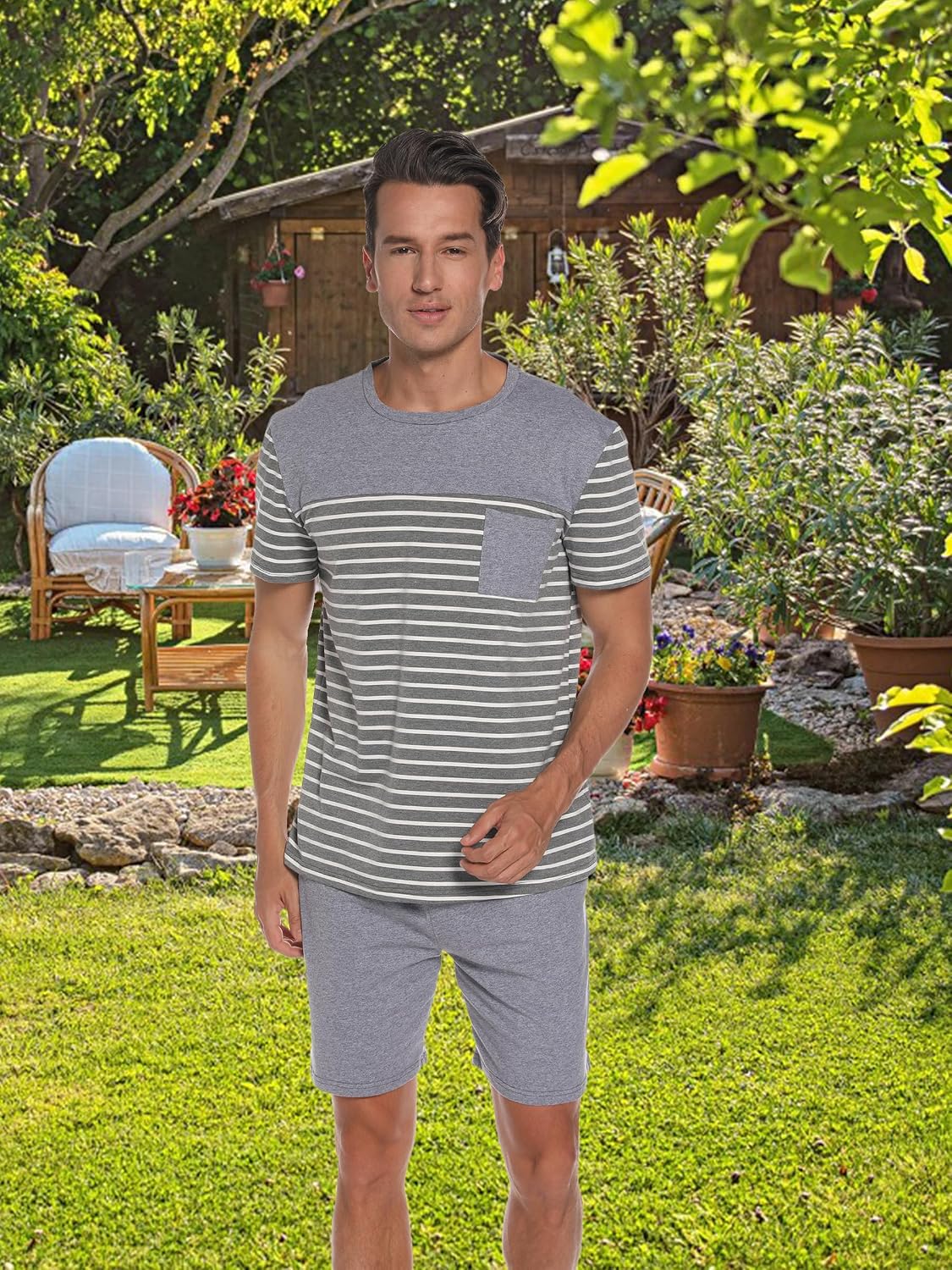 Men's Pajama Set Cotton Pajamas Striped Short Sleeve & Shorts Pjs Sets Sleepwear Summer Lounge Set with Pockets