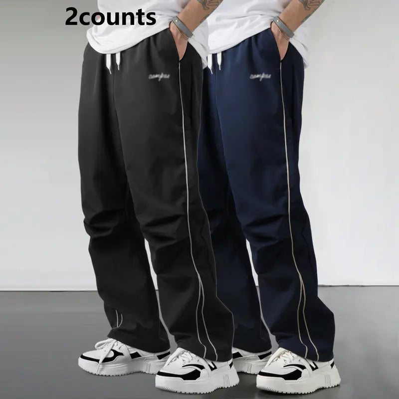 Men's Relaxed Fit Summer Woven Pants - Menswear Sportswear, Lightweight Athletic Fabric, Straight Leg with White Side Stripes, Non-Stretch, Machine Washable 100% Polyester Outdoor Trousers#SummerVibes
