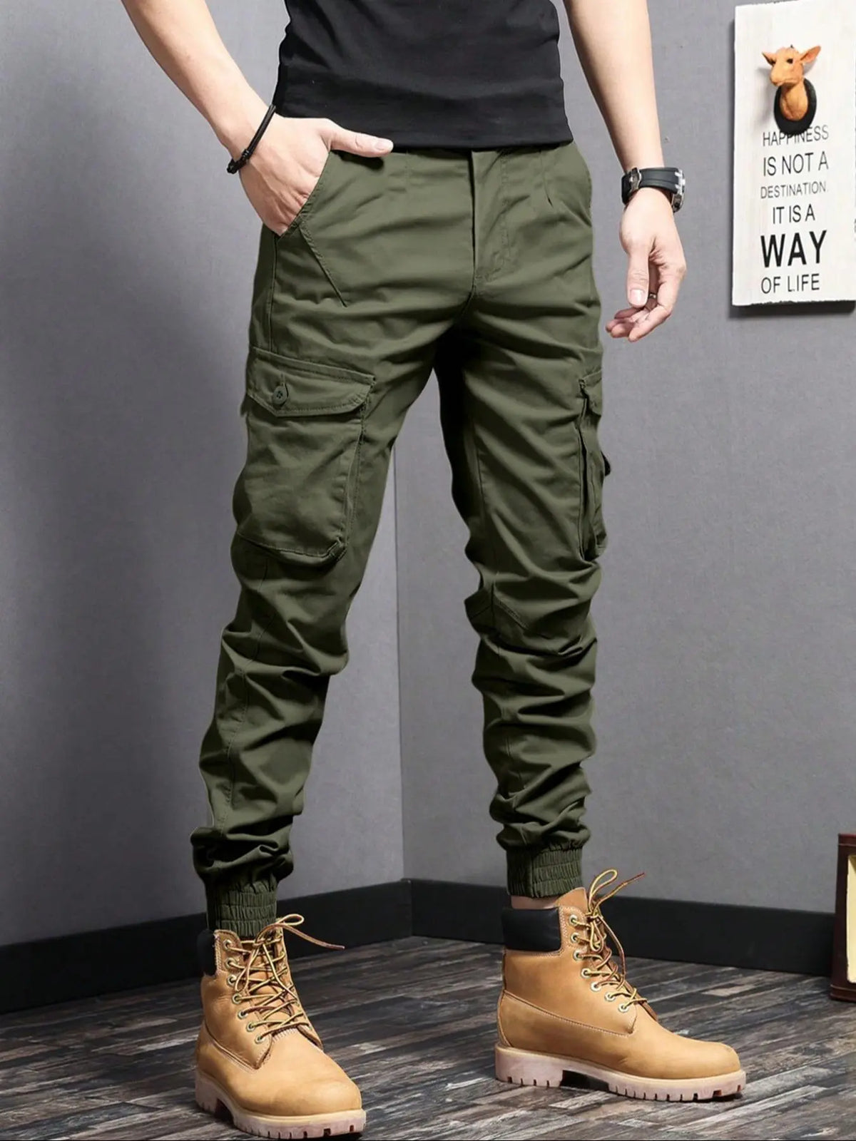Men's Plain Button Pocket Cargo Pants, Regular Fit Street Fashion Casual Cargo Style Drawstring Waist Jogger Pants For Daily Wear, Woven Bottoms For All Seasons, Drawstring Trousers