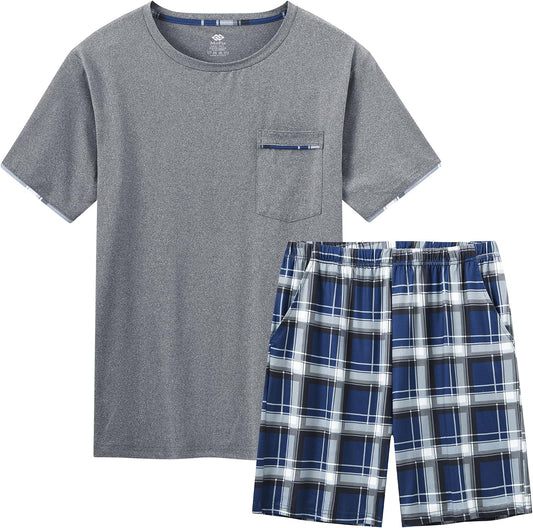 MoFiz Mens Pajamas Set Summer Pjs Sleepwear Short Sleeve Shirt and Shorts Lightweight Soft Loungewear with Pockets S-3XL