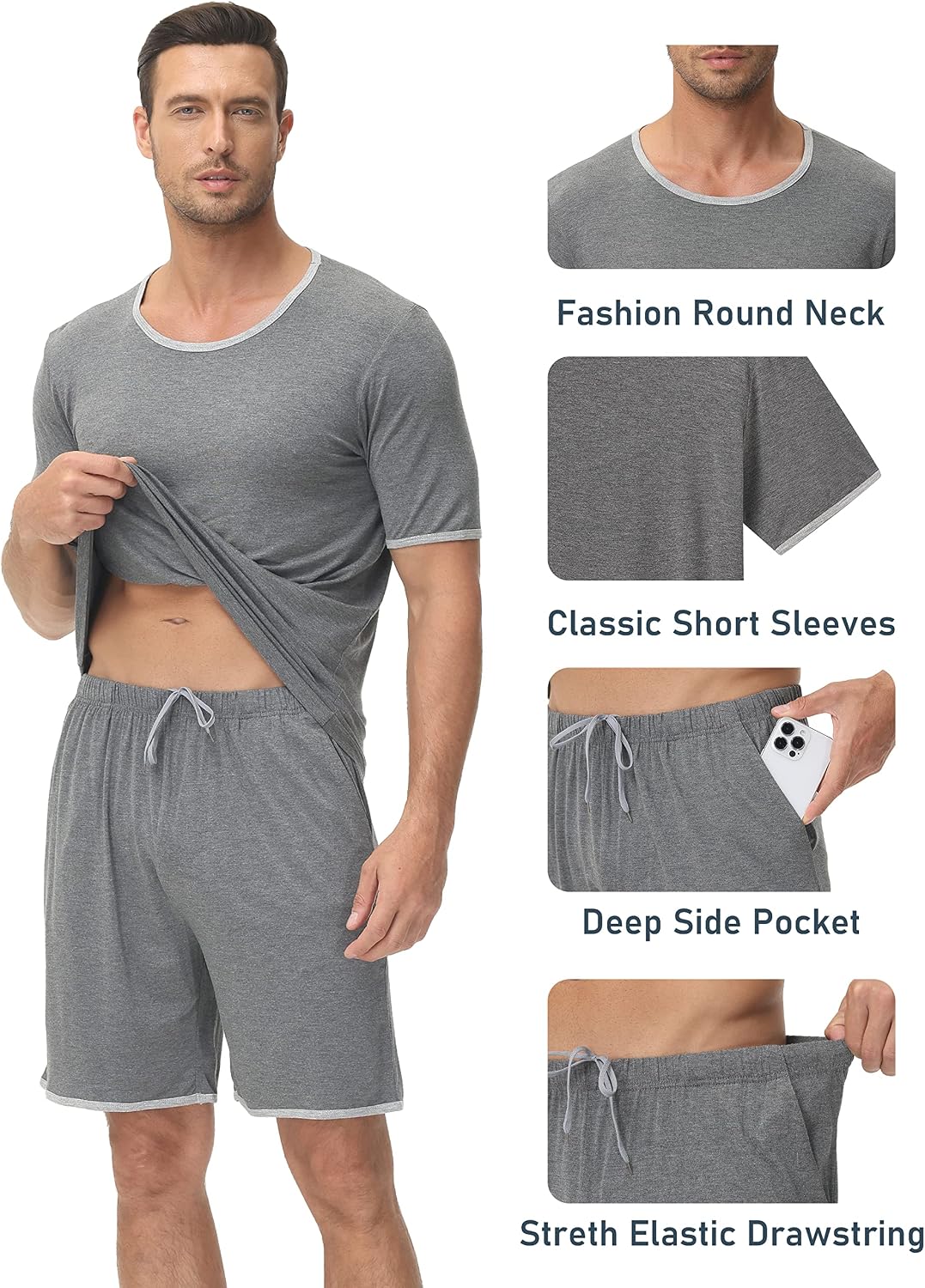 MoFiz Men's Pajamas Set Summer Sleepwear Pjs Soft Short Sleeve Shirts and Shorts 2 Piece Lougewear with Pockets S-3XL