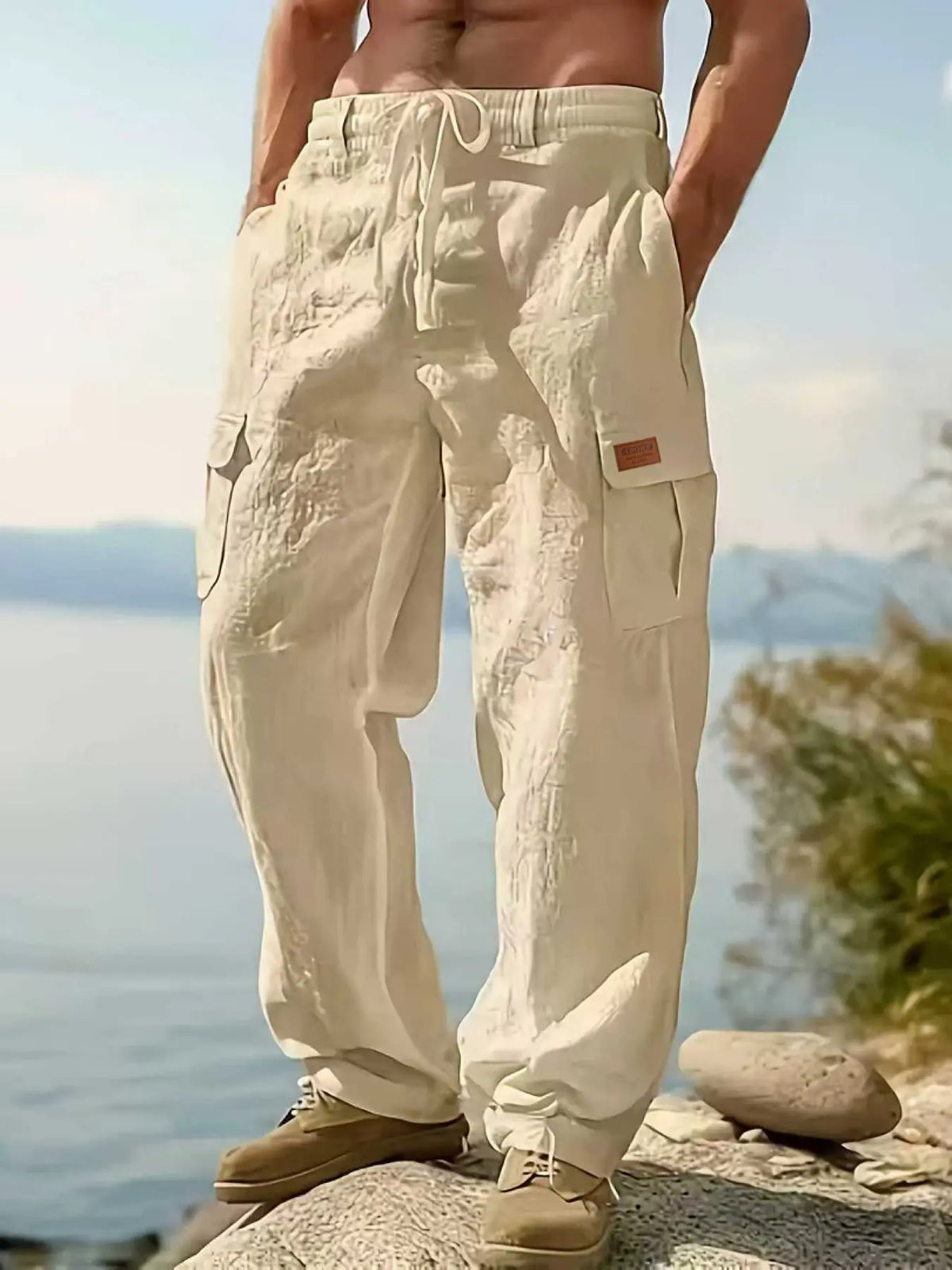 Men's Workwear Classic Linen Pants, Drawstring Multi-Pocket Straight Leg, Breathable Plain Casual Pants for Spring & Fall, Outdoor Beach Wear