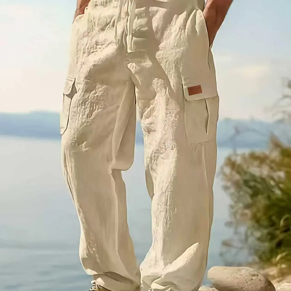 Men's Workwear Classic Linen Pants, Drawstring Multi-Pocket Straight Leg, Breathable Plain Casual Pants for Spring & Fall, Outdoor Beach Wear