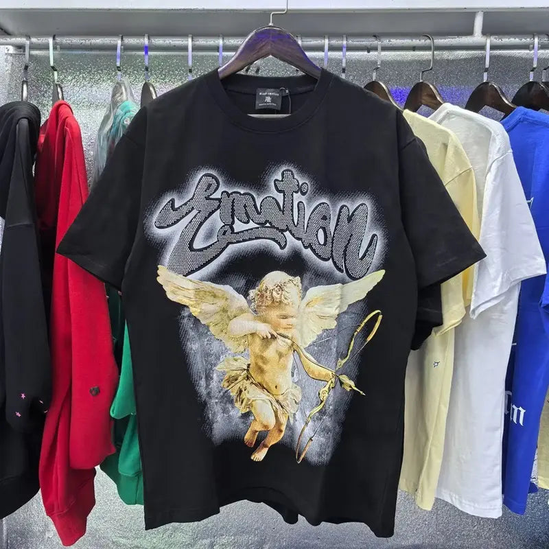 RMIXED EMOTION Rhinestone Graphic T-Shirt Men Women Oversized Cotton Tee Short Sleeve Crew Neck Streetwear Top Angel Print Gothic Y2K Hip Hop Casual Summer Shirt