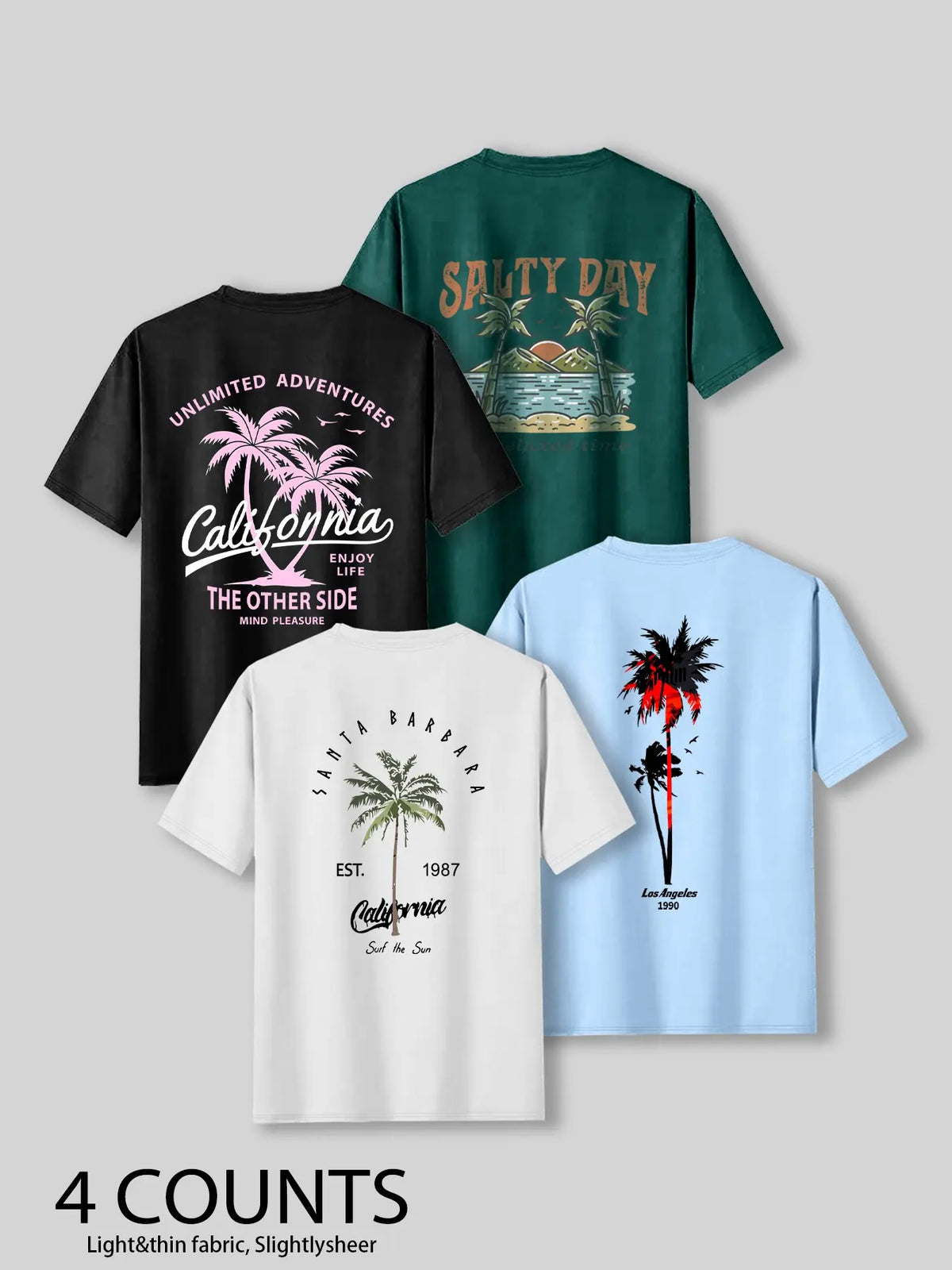 Summer Casual Beach Vibe Style Tropical Coconut Tree Print Top, Unisex Fashion Fitted Casual Graphic Tee T-Shirt Short Sleeve 4-Pack, Comfortable Fit, Perfect for Daily Wear