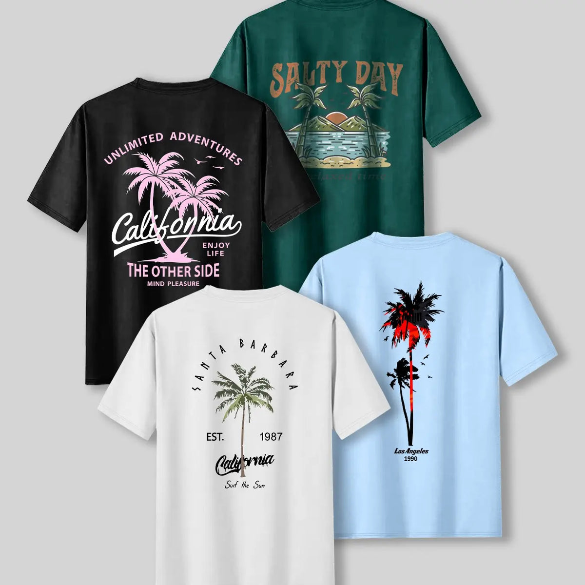Summer Casual Beach Vibe Style Tropical Coconut Tree Print Top, Unisex Fashion Fitted Casual Graphic Tee T-Shirt Short Sleeve 4-Pack, Comfortable Fit, Perfect for Daily Wear