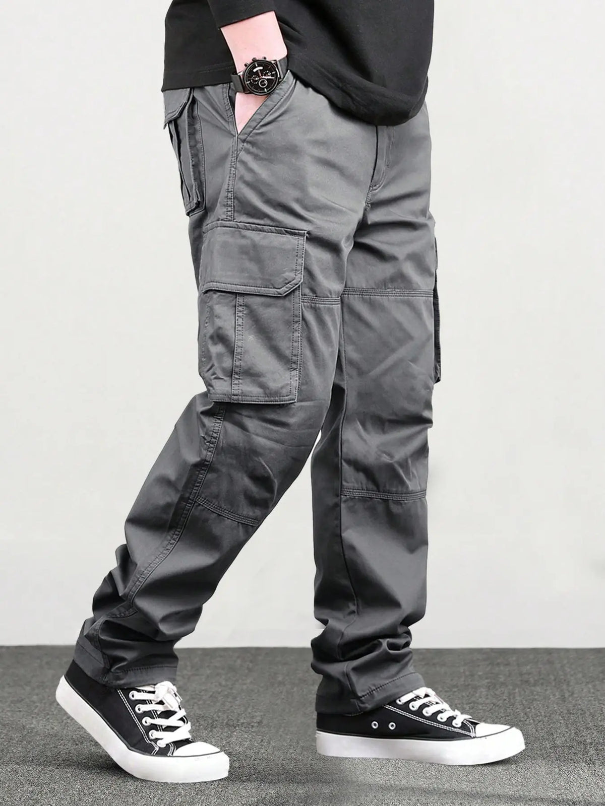 Men's Loose Solid Casual Slant Pocket Drawstring Waist Cargo Pants, Casual Street Style Straight Leg Trousers for Outdoor Hiking Fishing, Woven Bottoms for All Seasons Pants